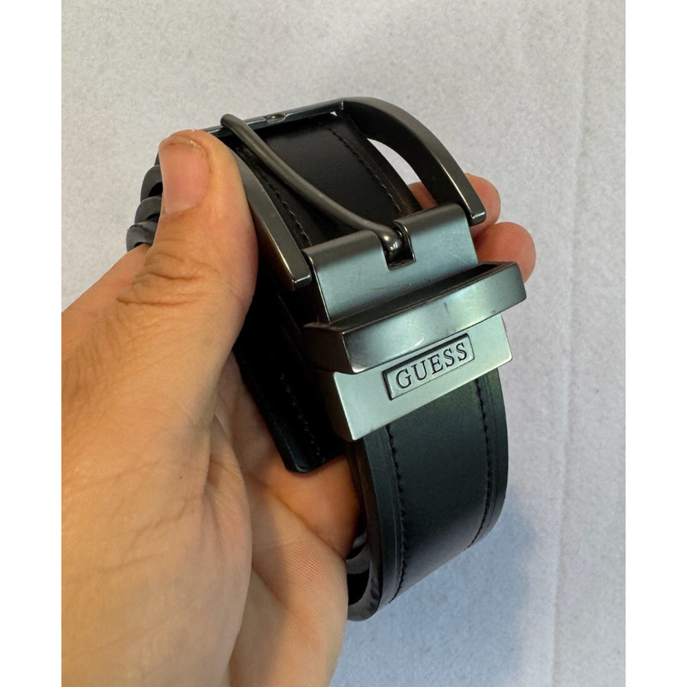 Guess Reversible Belt Black Brown‎ Mens Sz L 38-40 Faux Leather Silver Buckle